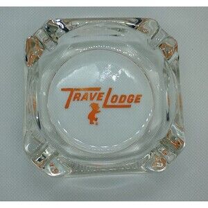 Vtg TraveLodge Square Glass Ashtray - Motel 3.5" Travel Lodge Sleepy Bear Logo